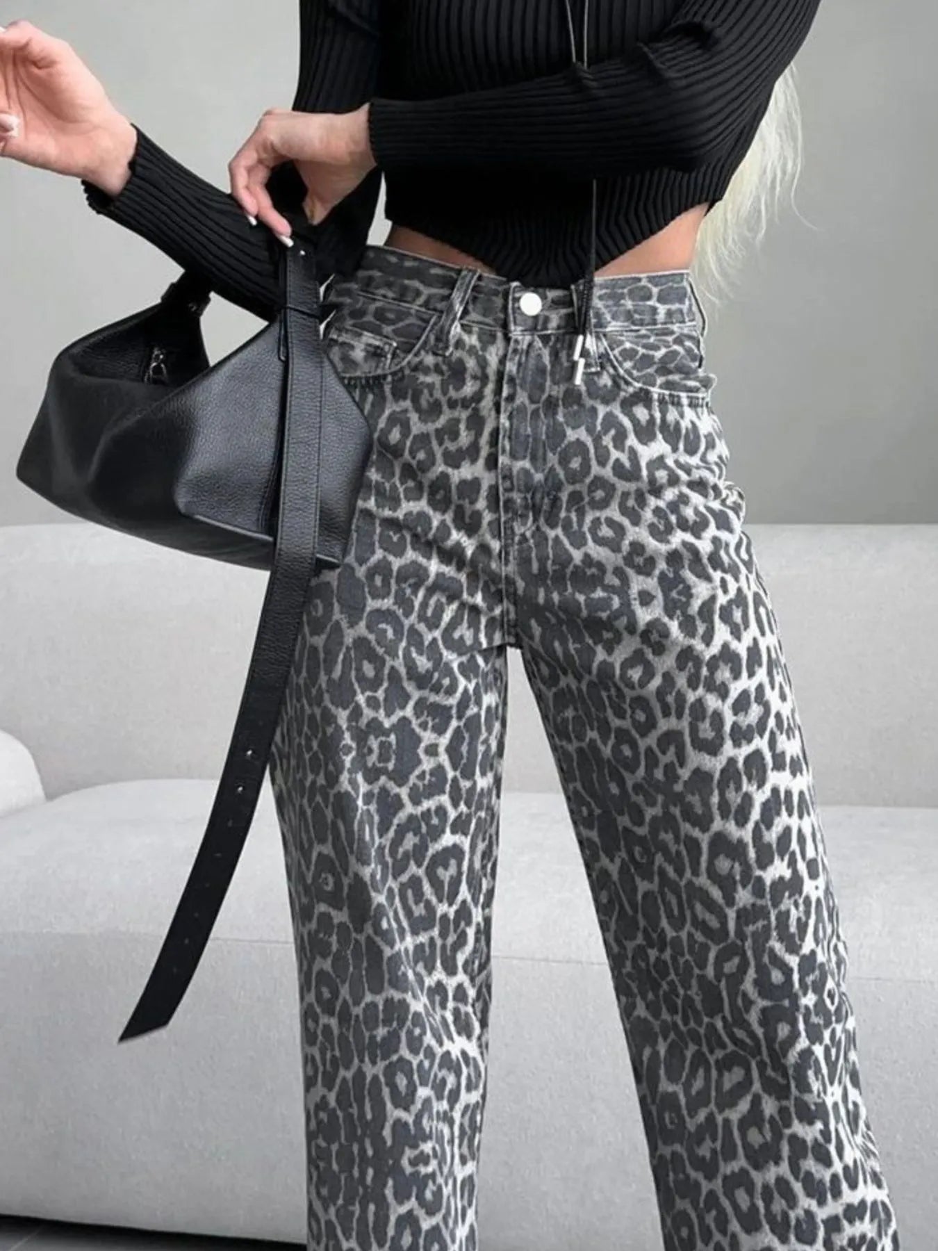 High-Waisted Leopard Print Flare Jeans 