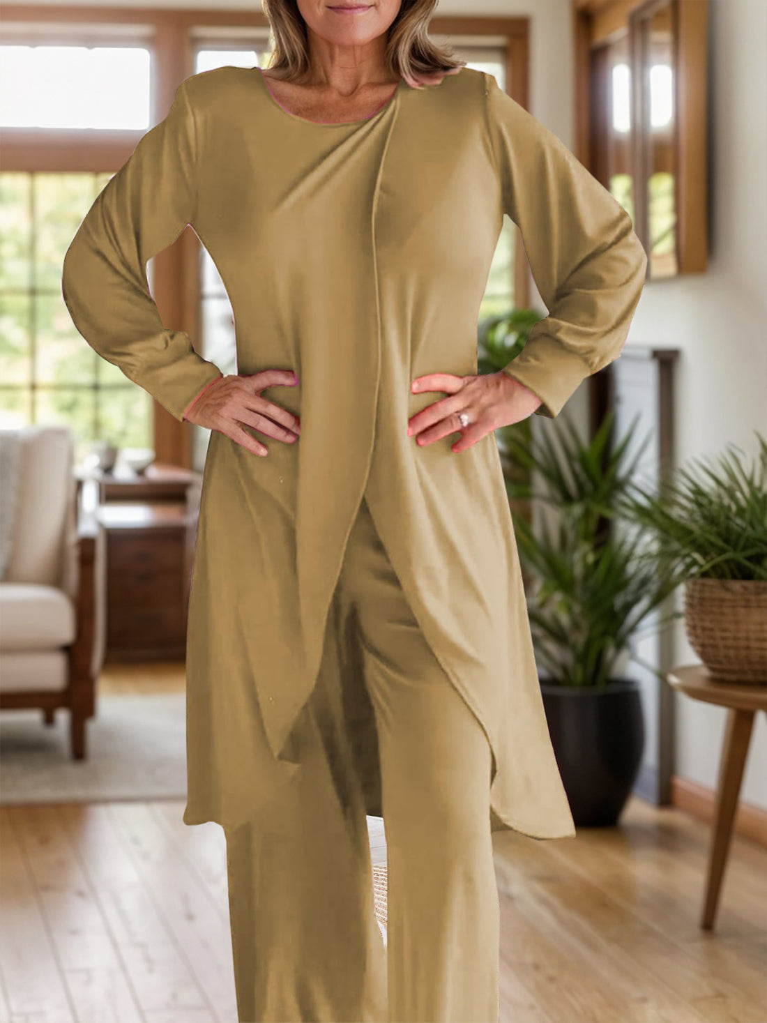 Full Size Slit Round Neck Long Sleeve Top and Pants Set 