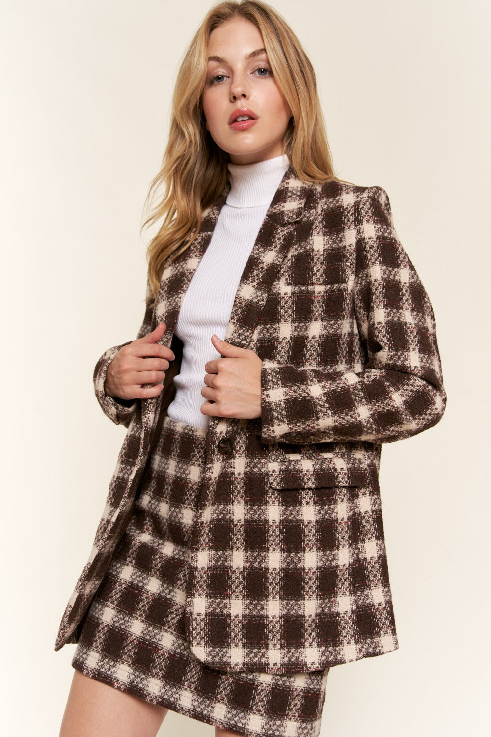 And The Why Full Size Plaid Brushed One Button Blazer 