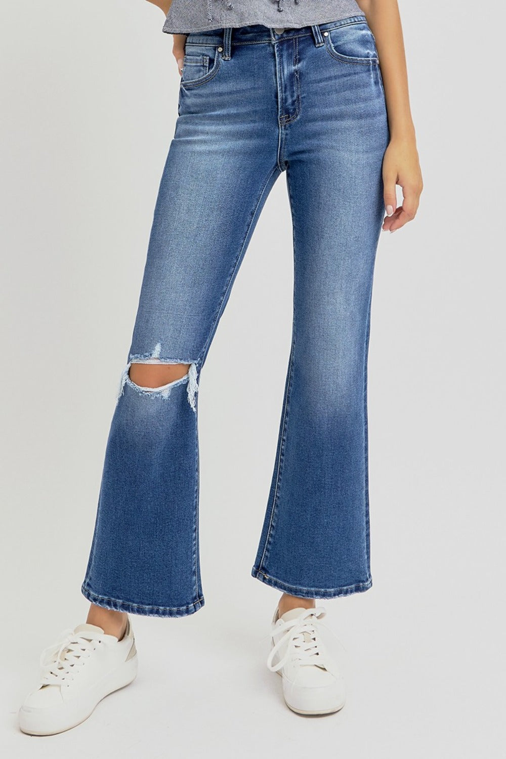 RISEN Full Size Distressed High Rise Crop Flare Jeans 