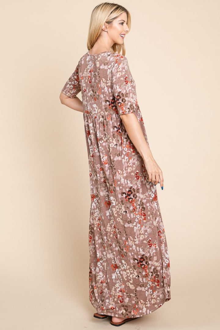 BOMBOM Printed Shirred Maxi Dress 