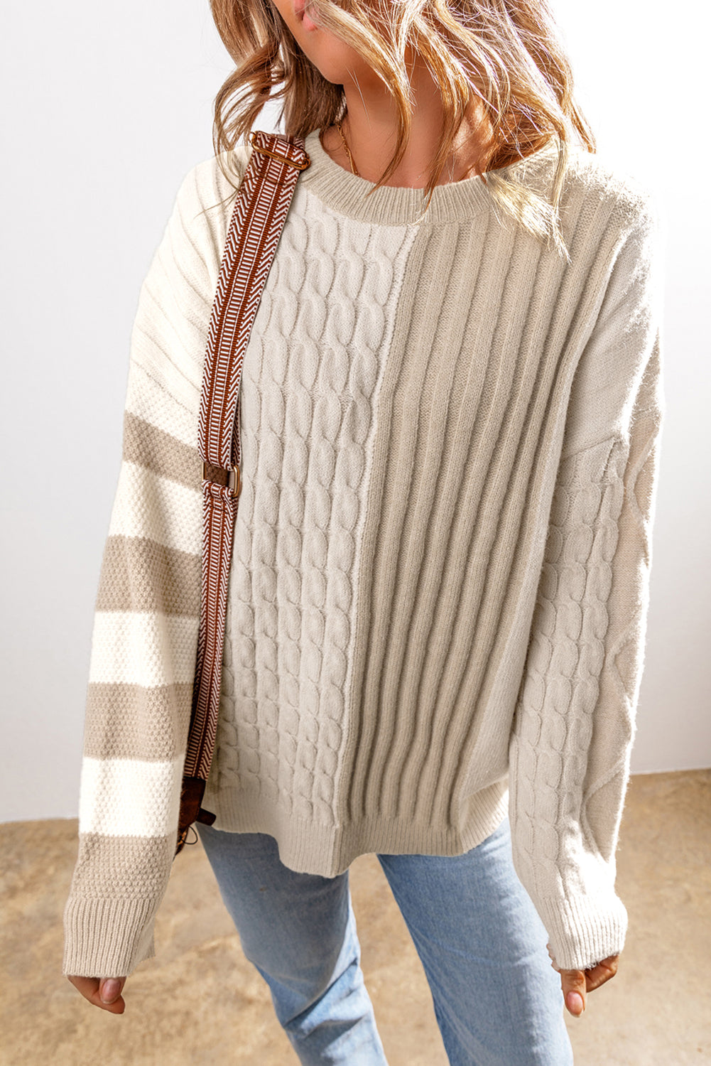 Khaki Cable Knit Colorblock Crew Neck Drop Shoulder Sweater Sweaters & Cardigans/Sweaters