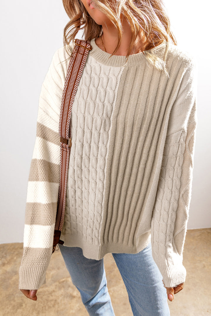 Khaki Cable Knit Colorblock Crew Neck Drop Shoulder Sweater Sweaters & Cardigans/Sweaters