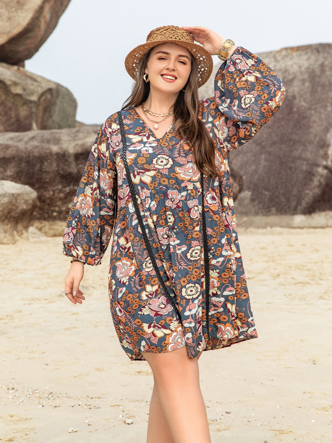 Plus Size Printed V-Neck Balloon Sleeve Mini Dress 