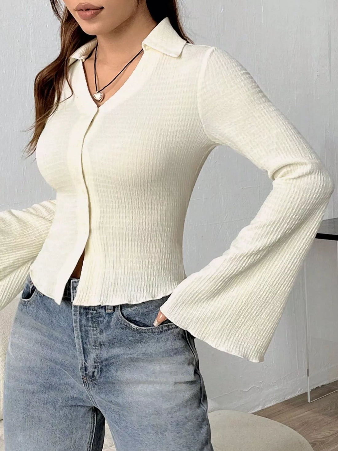 Button Up Flare Sleeve Shirt 