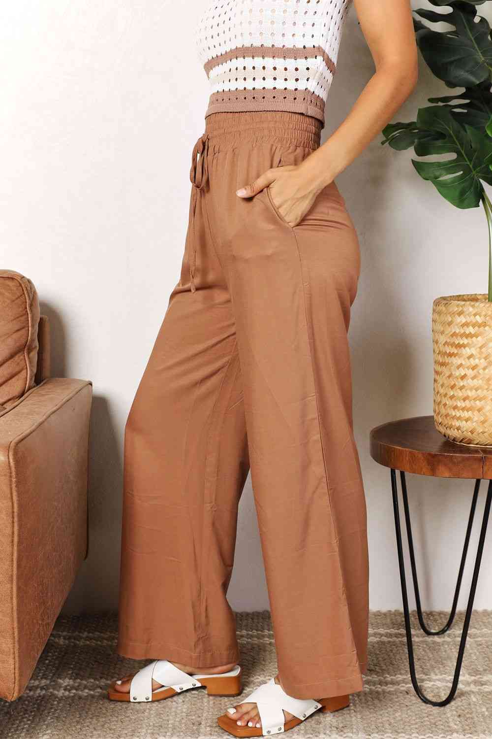 Double Take Drawstring Smocked Waist Wide Leg Pants 