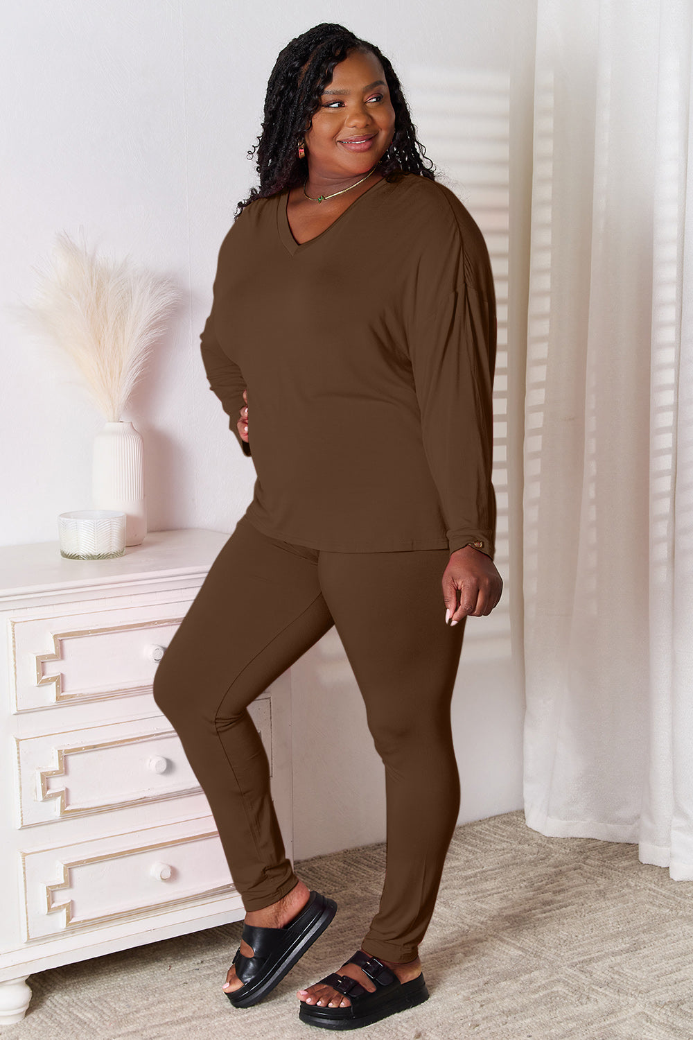 Basic Bae Full Size V-Neck Soft Rayon Long Sleeve Top and Pants Lounge Set 