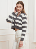 Button Down V-Neck Striped Cardigan 