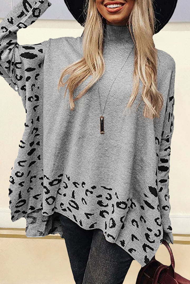 Gray Leopard High Neck Side Slit Oversized Sweater Sweaters & Cardigans/Sweaters