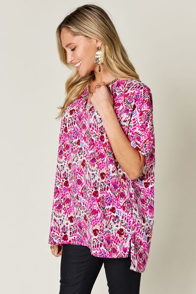 Double Take Full Size Printed V-Neck Short Sleeve Blouse 