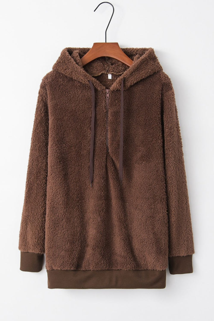 Full Size Quarter-Zip Drawstring Teddy Hoodie 