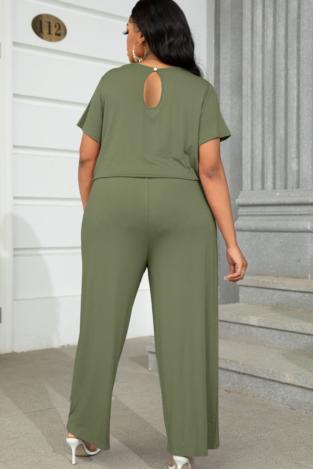 Plus Size Drawstring Waist Short Sleeve Jumpsuit 