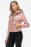 Snobbish Faux Leather Zip Up Drawstring Hooded Jacket 