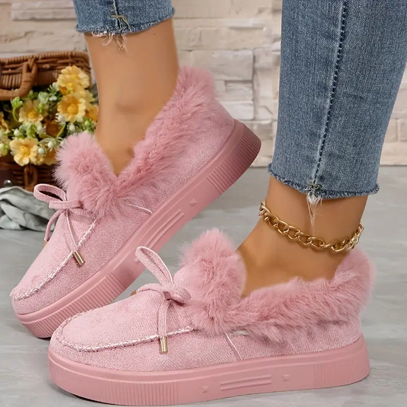 Bow Furry Round Toe Flat Slip-Ons 