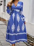 Devine Printed Surplice Lantern Sleeve Midi Dress 