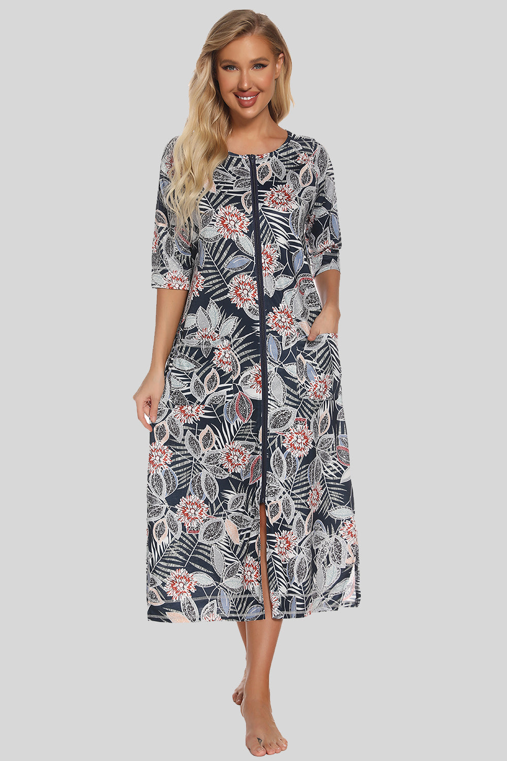 Printed Slit Night Dress with Pockets 