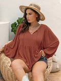 Plus Size Swiss Dot Tie Neck Long Sleeve Blouse 