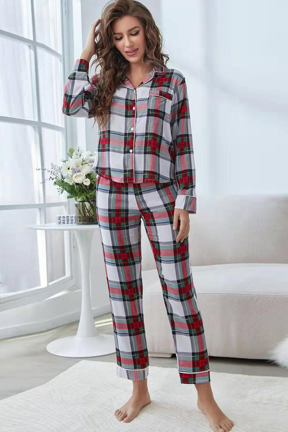 Plaid Button Front Top and Pants Lounge Set Lingerie & Nightwear