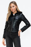 Snobbish Faux Leather Zip Up Drawstring Hooded Jacket 