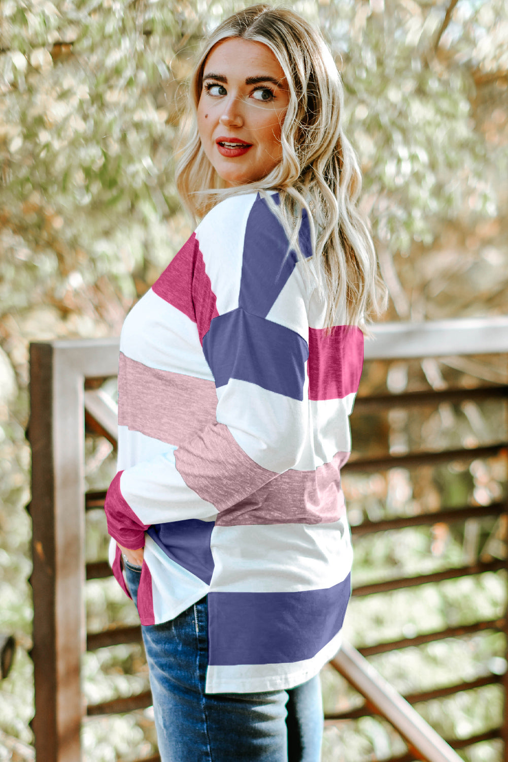 Plus Size Striped Slit Long Sleeve T-Shirt 