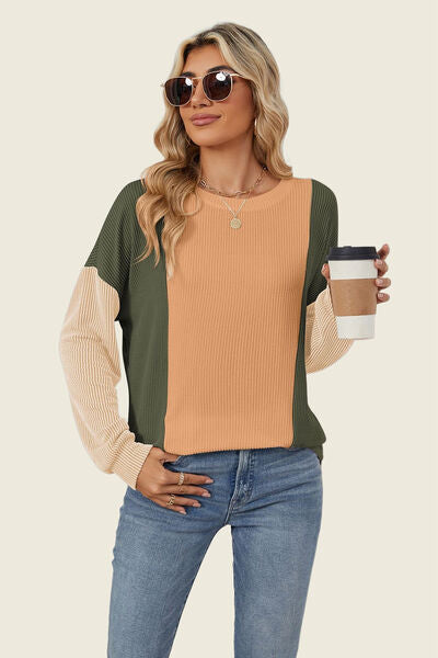 Double Take Texture Contrast Round Neck Long Sleeve T-Shirt 