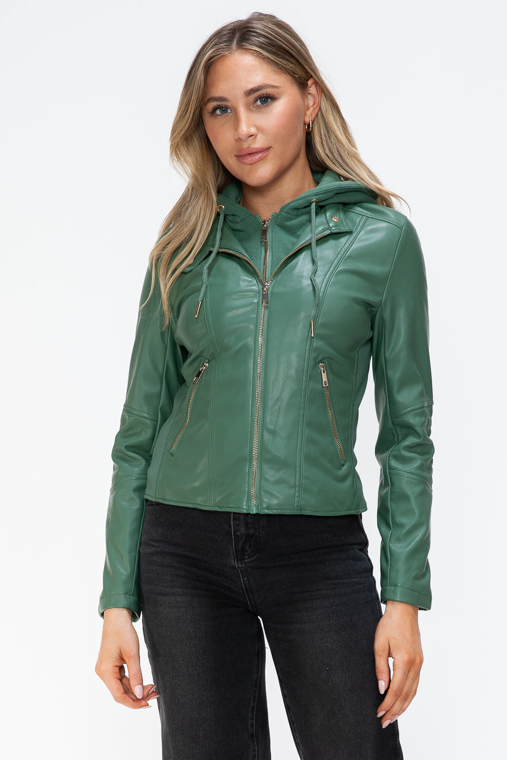 Snobbish Faux Leather Zip Up Drawstring Hooded Jacket 