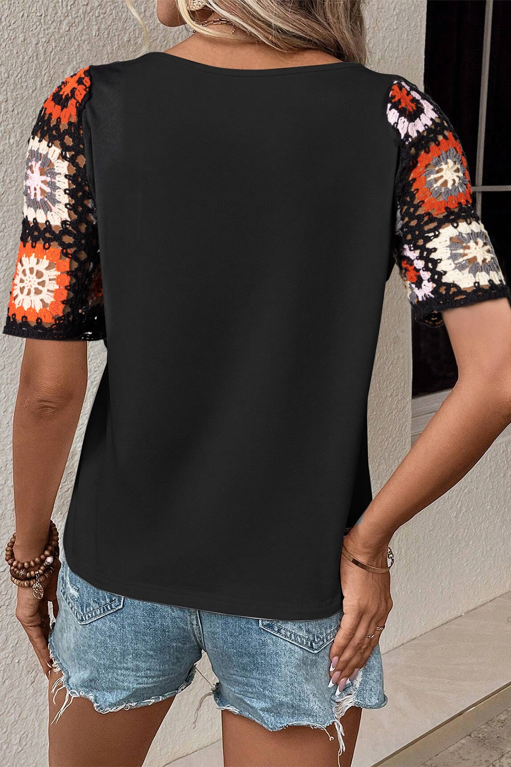 Geometric Round Neck Short Sleeve Blouse 