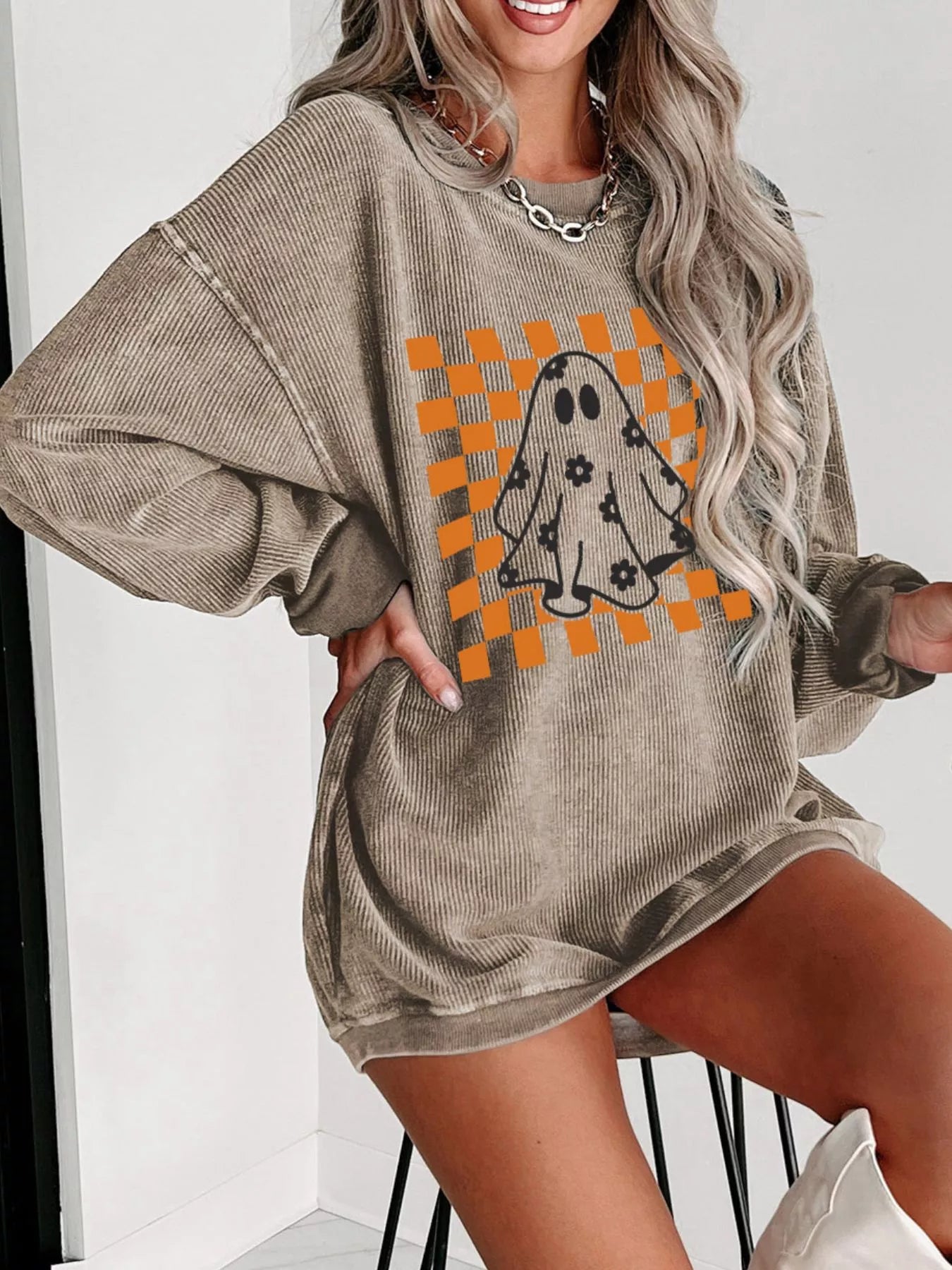 Halloween Checkerboard Floral Ghost Graphic Corded Sweatshirt 