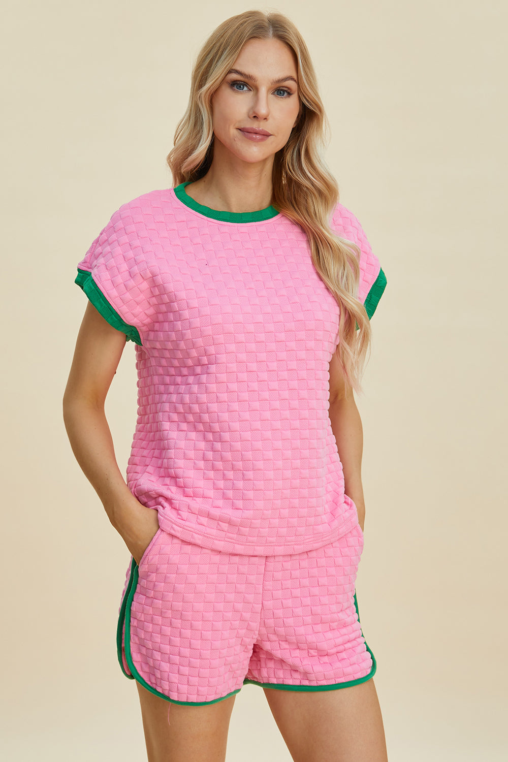 Double Take Full Size Texture Contrast T-Shirt and Shorts Set 