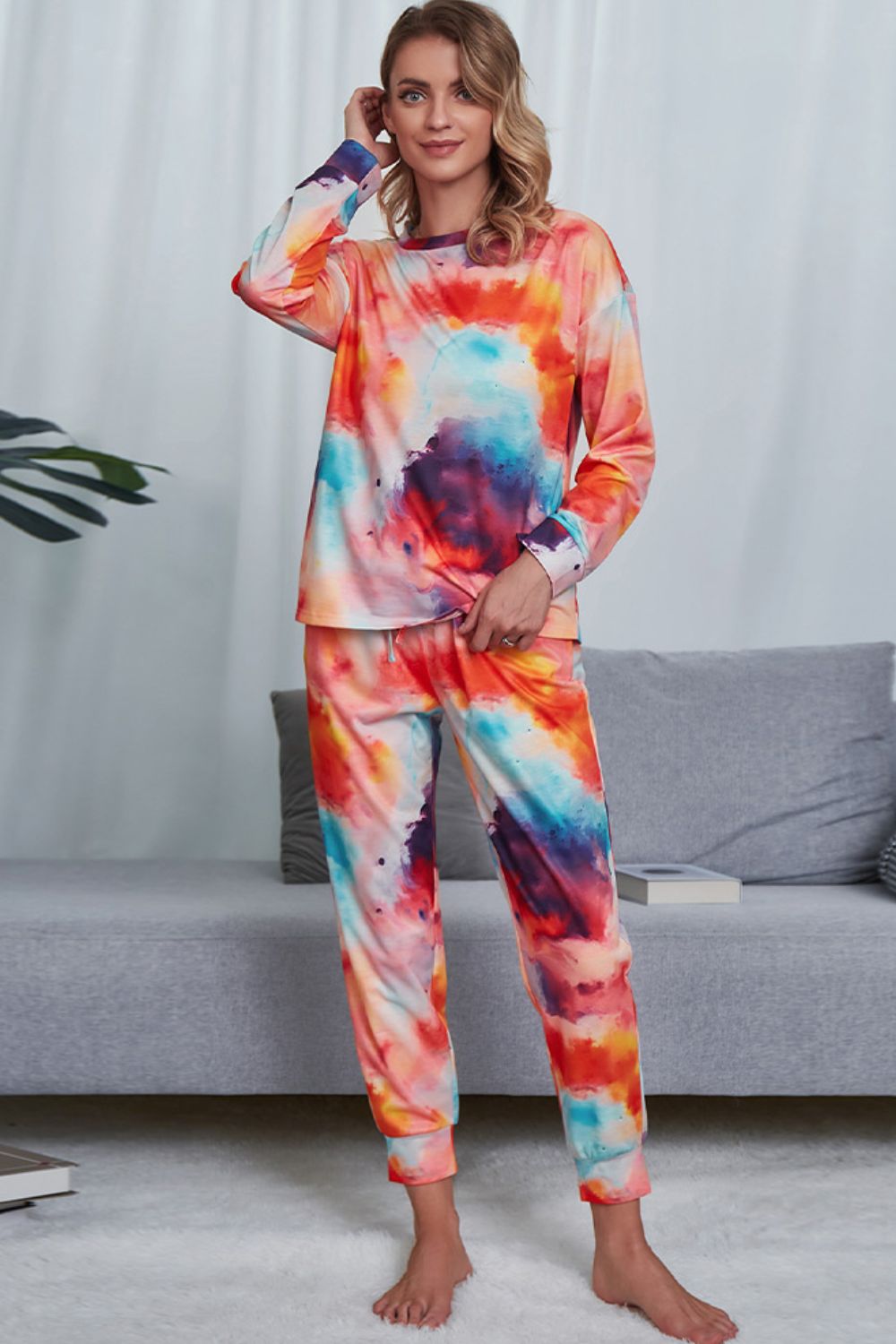 Shiny Tie-Dye Crewneck Top and Drawstring Waist Joggers Lounge Set Lingerie & Nightwear