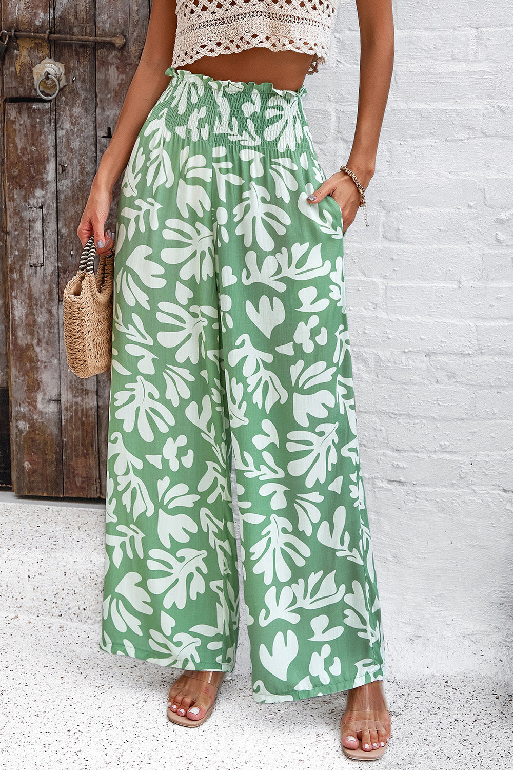 Devine Smocked Printed Wide Leg Pants with Pockets 