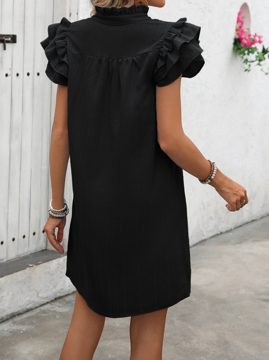 Ivy Lane Ruffled Notched Cap Sleeve Mini Dress 
