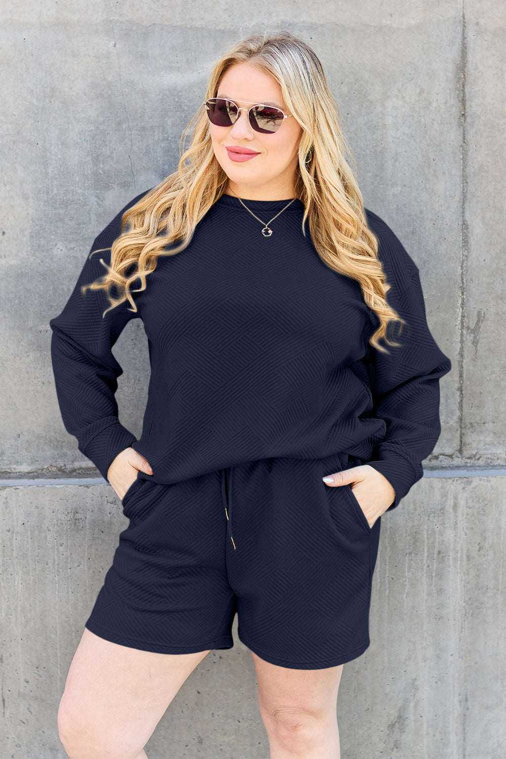 Double Take Full Size Texture Long Sleeve Top and Drawstring Shorts Set 