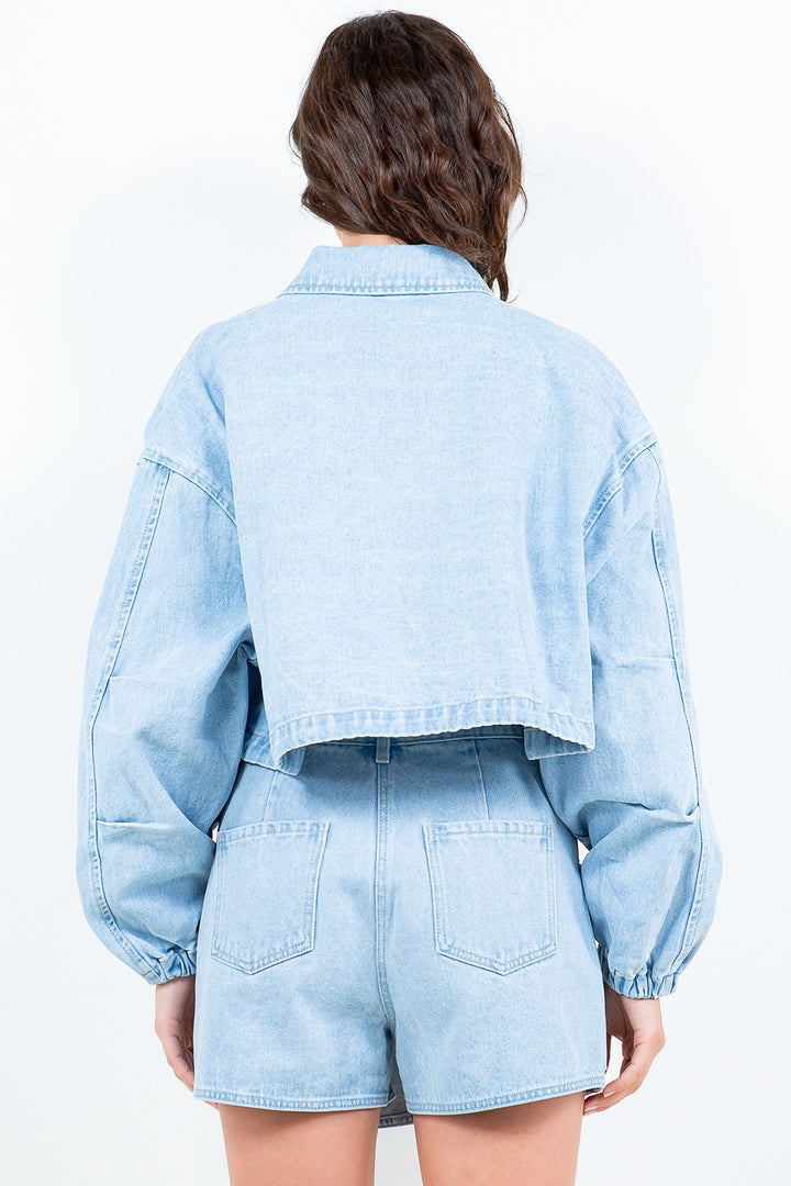 American Bazi Drawstring Waist Crop Denim Jacket 