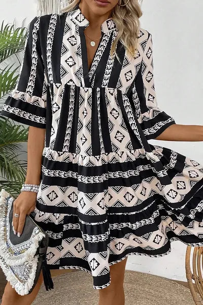 Tiered Printed Notched Half Sleeve Dress Dresses