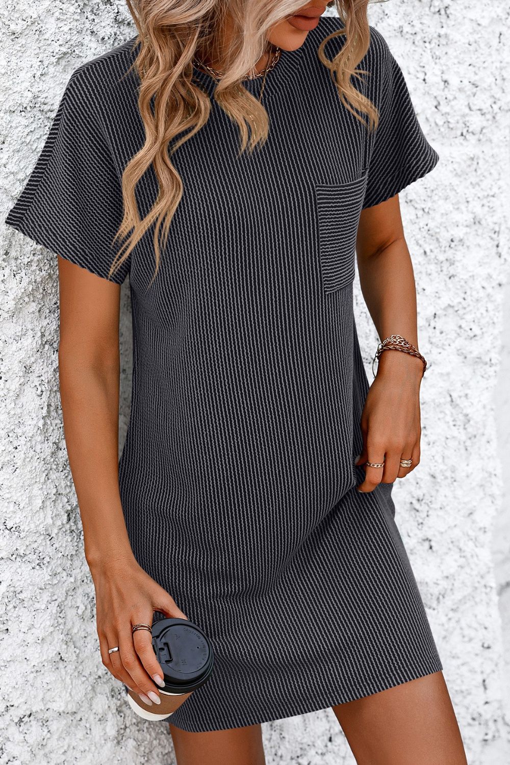 Mandy Ribbed Striped Short Sleeve Mini Tee Dress 