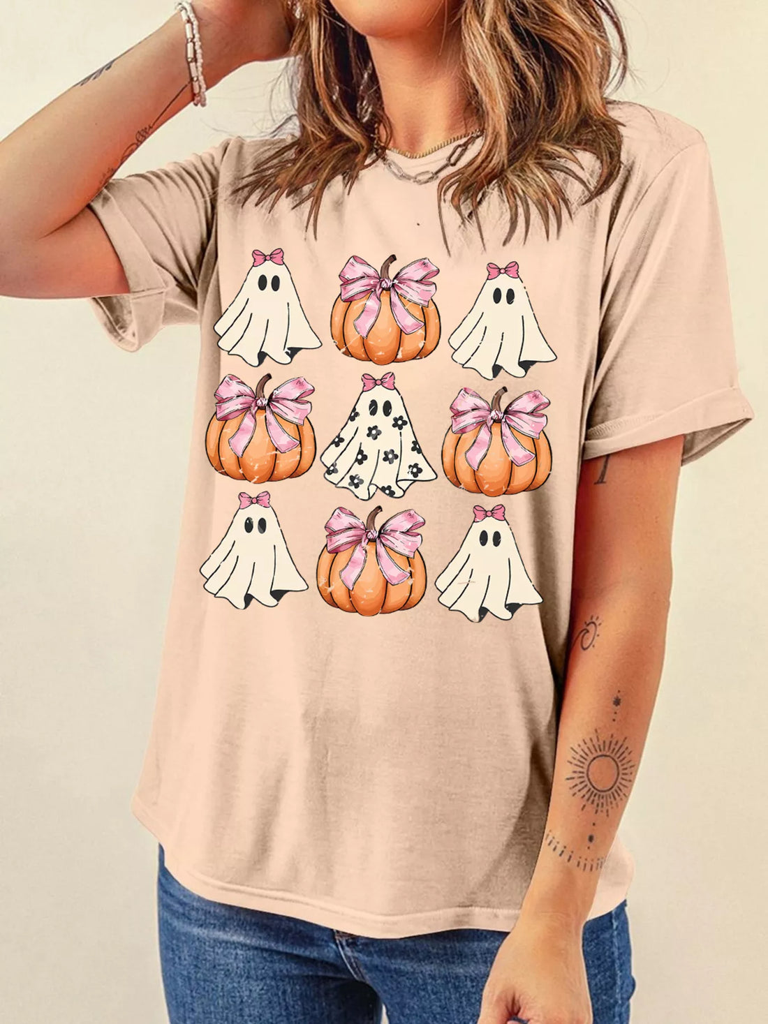 Halloween Bowknot Ghost Pumpkin Graphic T Shirt 