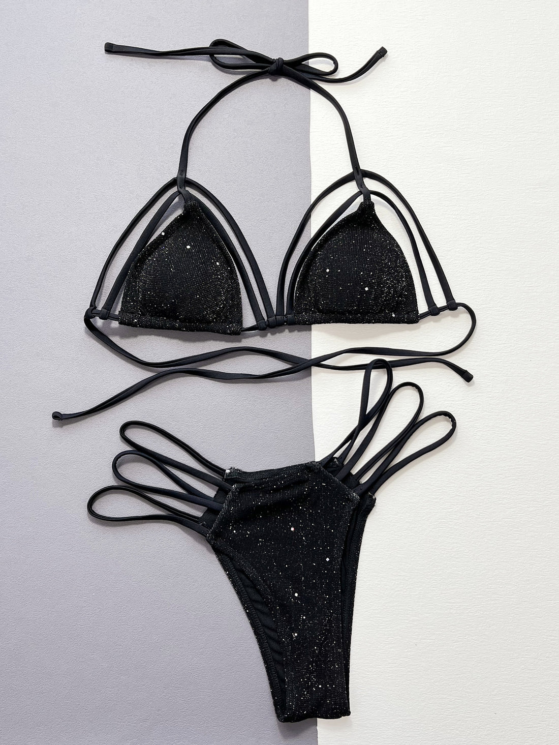 Glitter Halter Neck Strappy Two-Piece Bikini Set swimwear