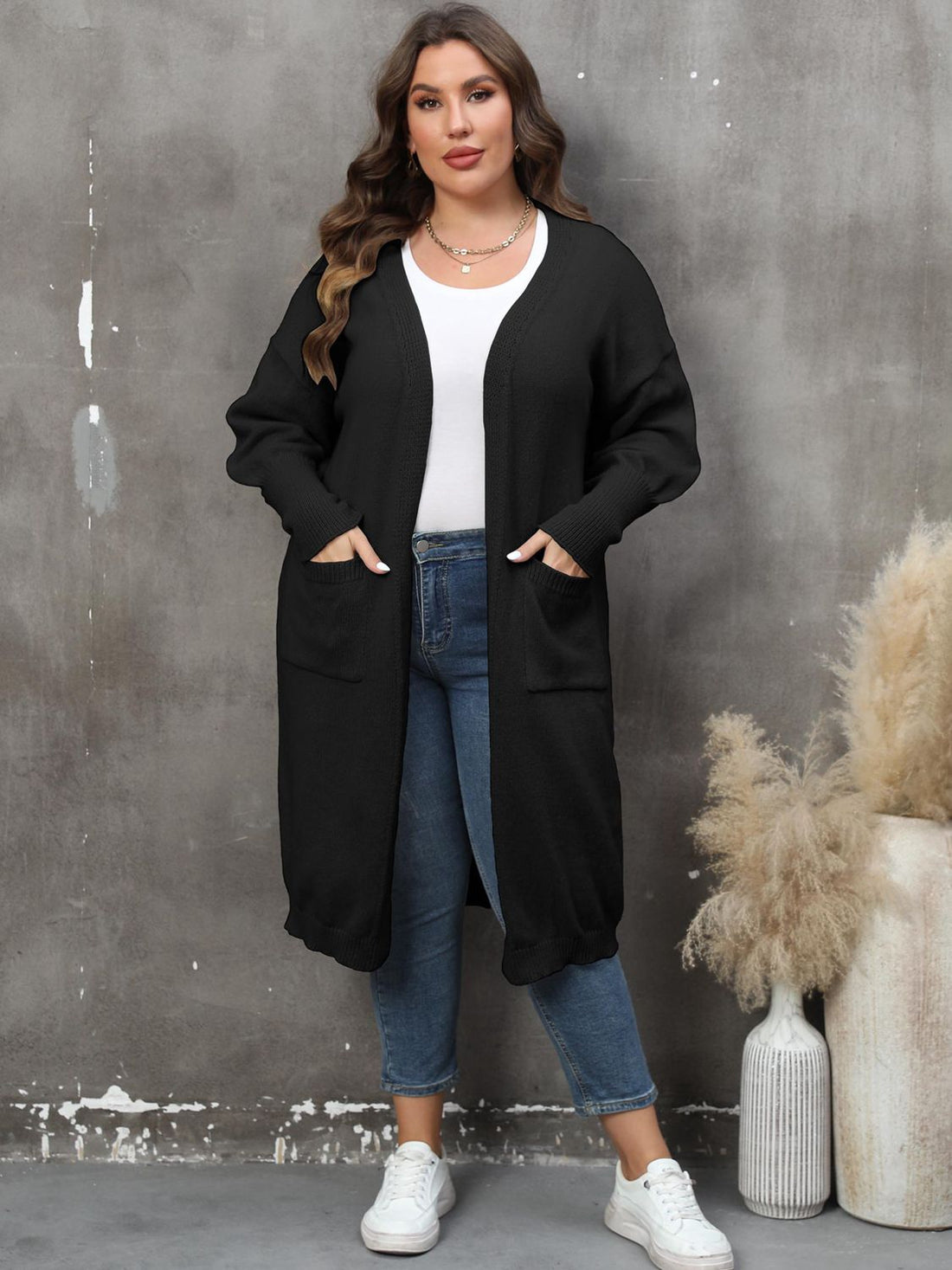 Plus Size Long Sleeve Pocketed Cardigan 