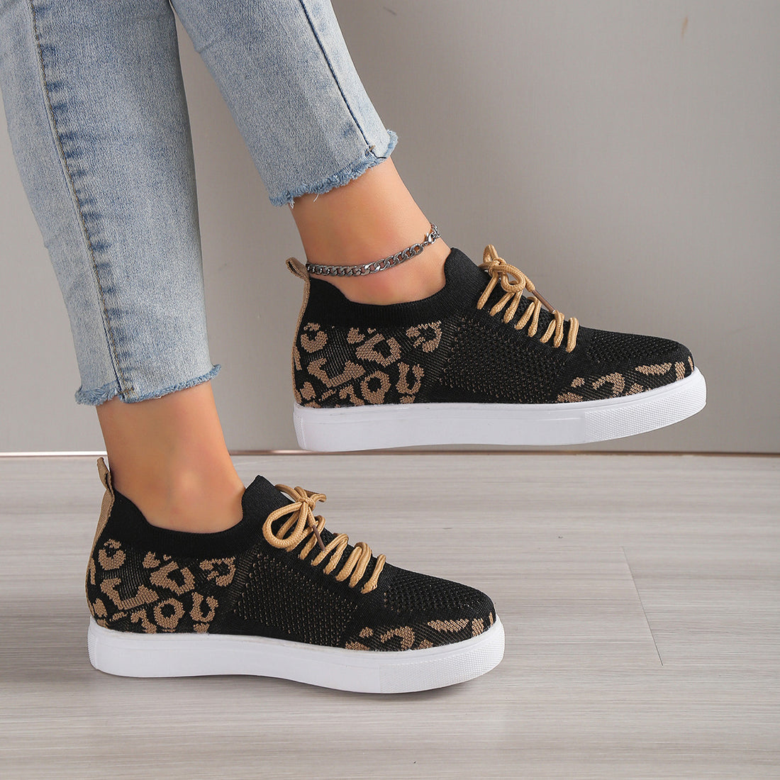 Lace-Up Leopard Flat Sneakers 