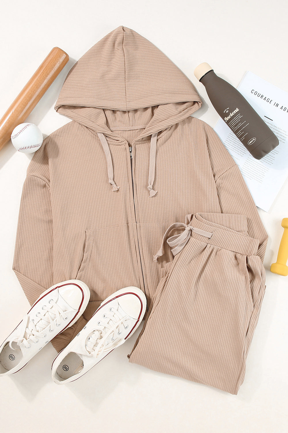 Drawstring Zip Up Hoodie and Pants Active Set 