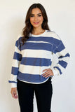 Oh Pima Cotton Wash Exposed Seam Contrast Striped Round Neck Long Sleeve T-Shirt