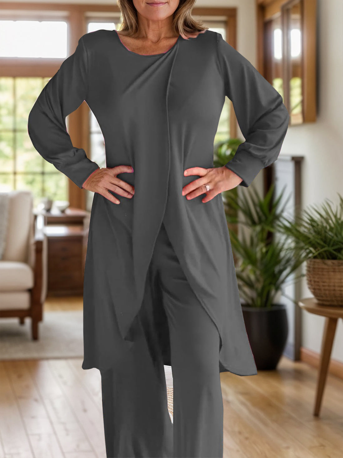 Full Size Slit Round Neck Long Sleeve Top and Pants Set 