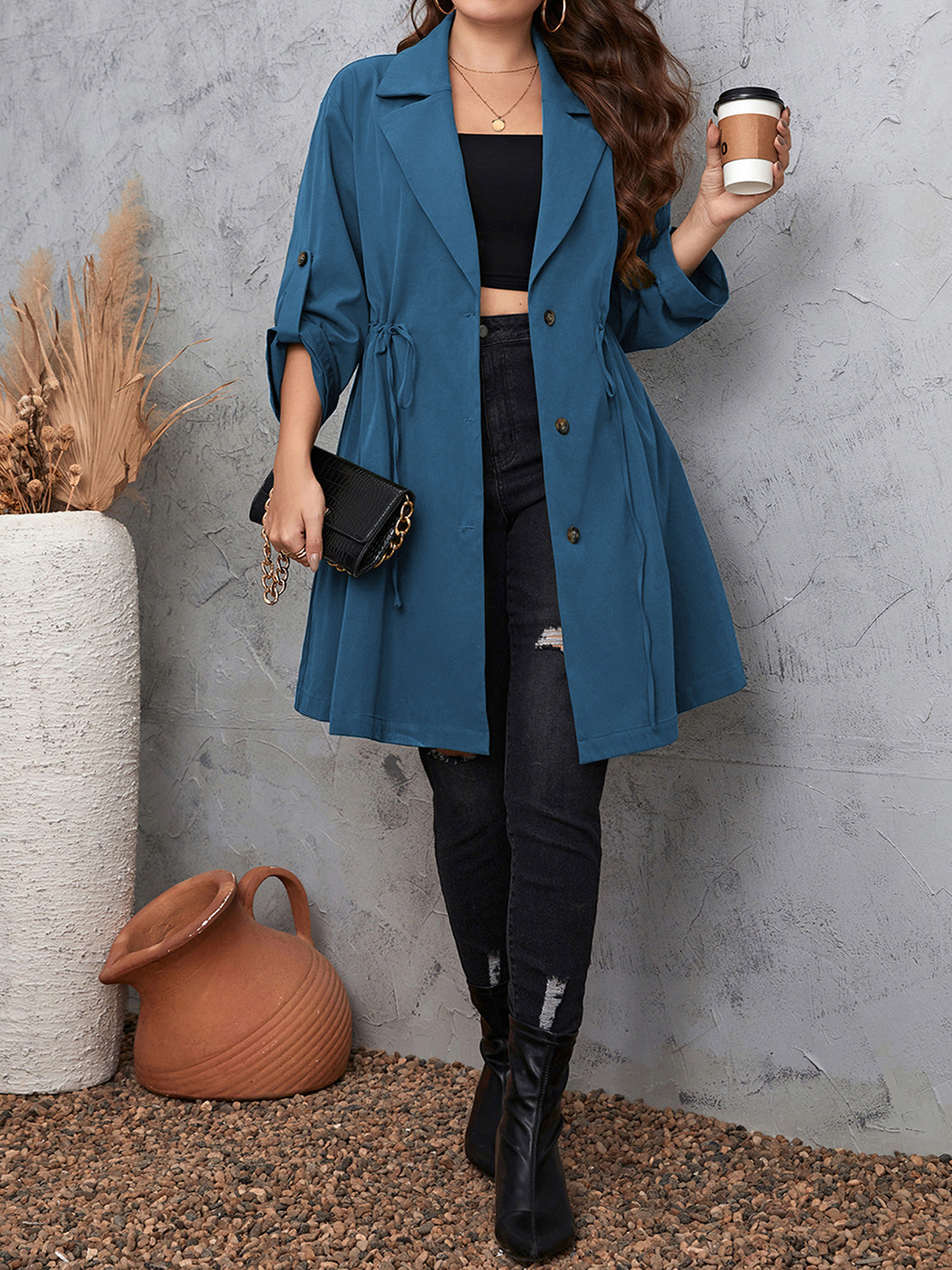 Honey Plus Size Lapel Collar Drawstring Roll-Tab Sleeve Trench Coat 