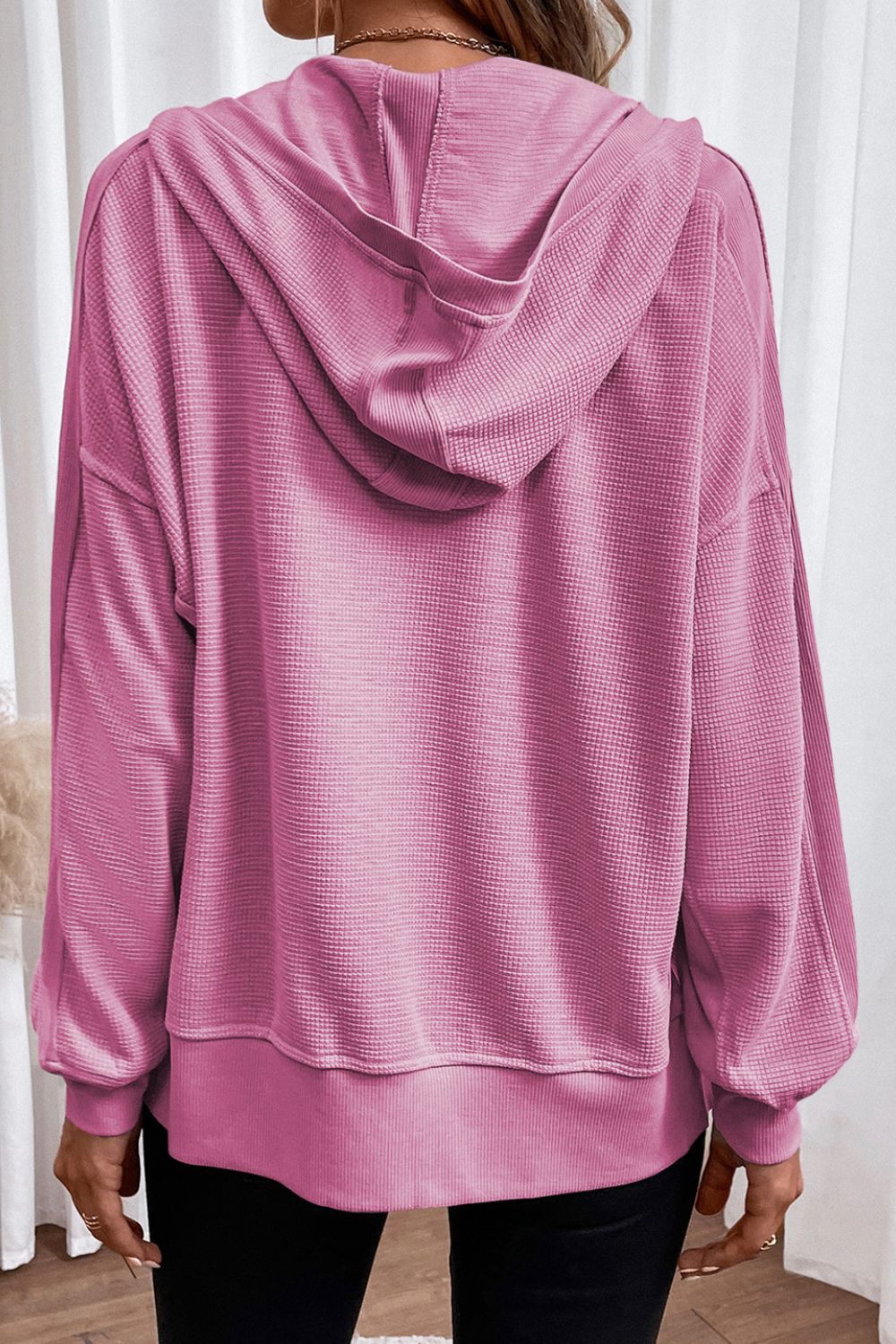 Waffle-Knit Pocketed Zip Up Hooded Jacket 