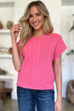Double Take Full Size Cable-Knit Round Neck Short Sleeve Sweater 