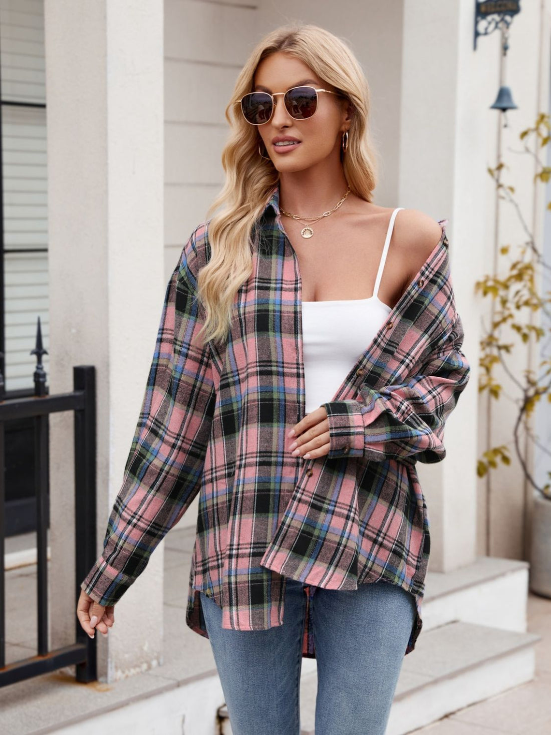 Mandy Pocketed Plaid Collared Neck Long Sleeve Shirt 