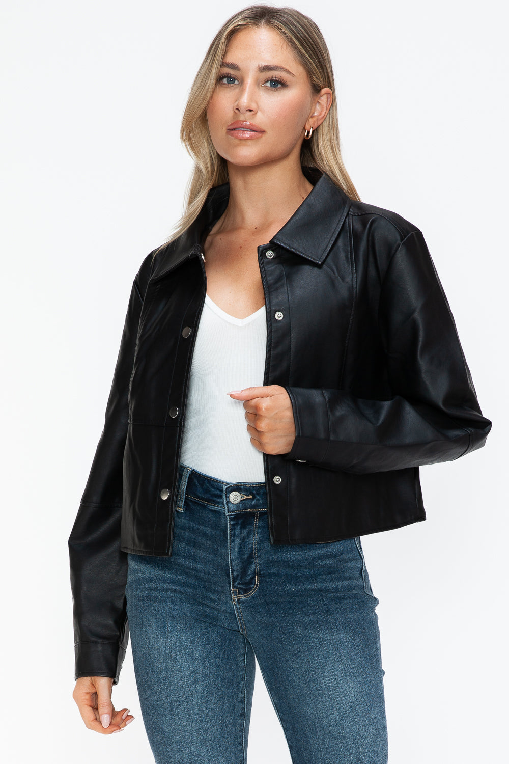 Snobbish Snap Down Long Sleeve PU Leather Jacket 