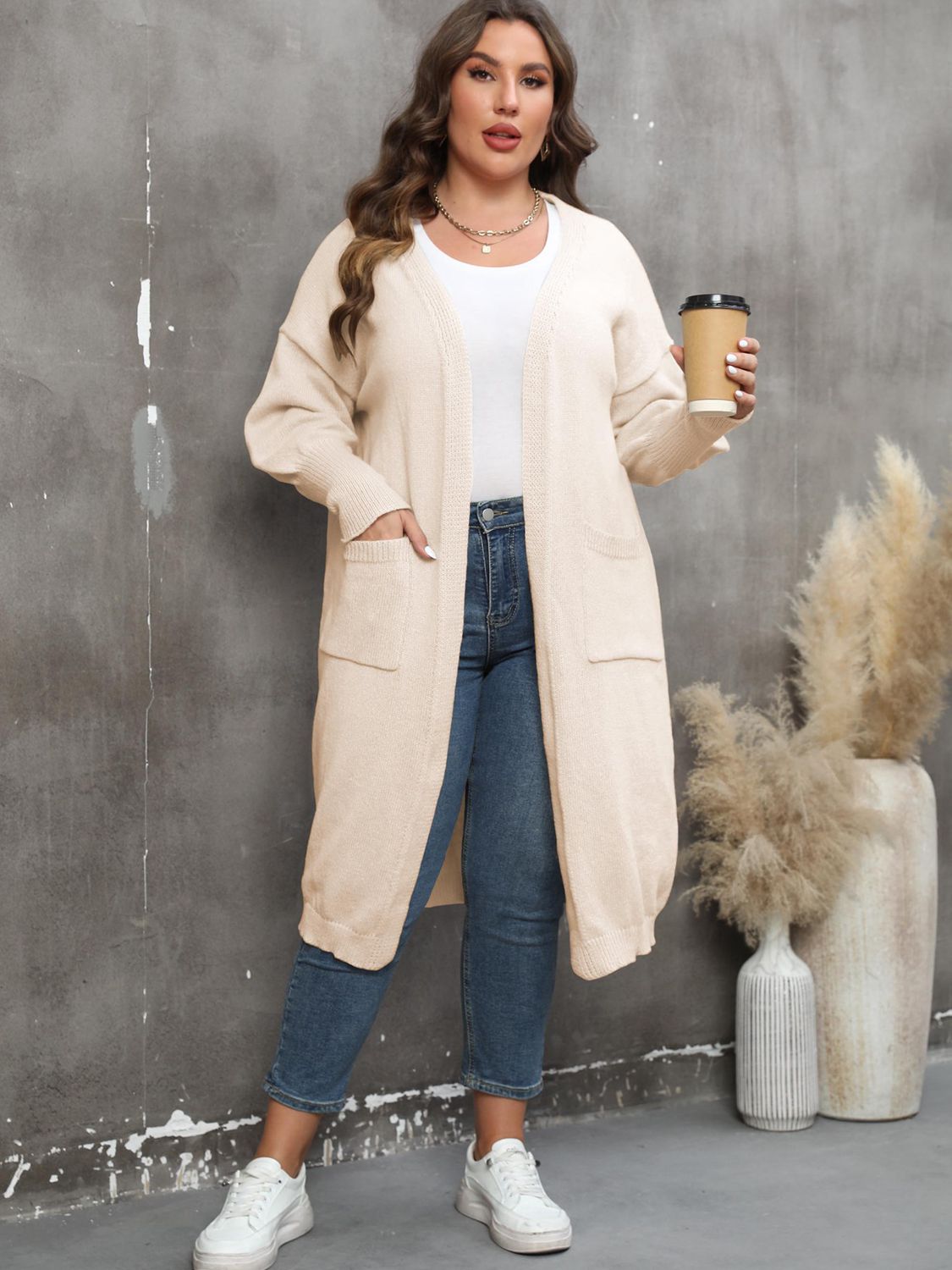 Plus Size Long Sleeve Pocketed Cardigan 