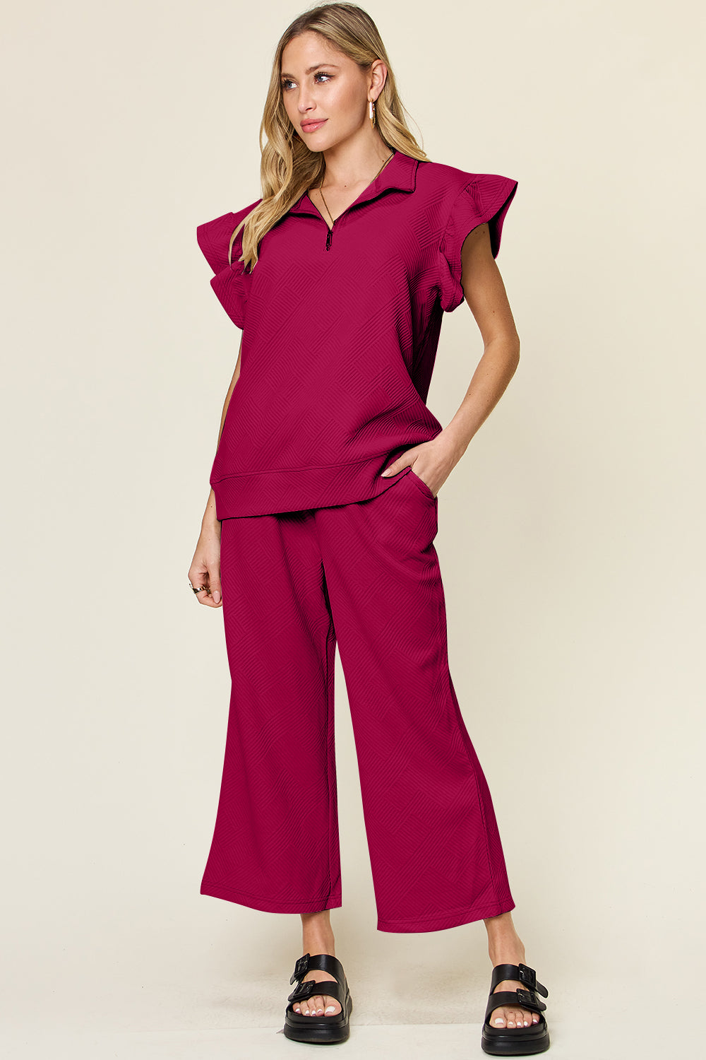 Double Take Texture Ruffle Short Sleeve Top and Drawstring Wide Leg Pants Set 